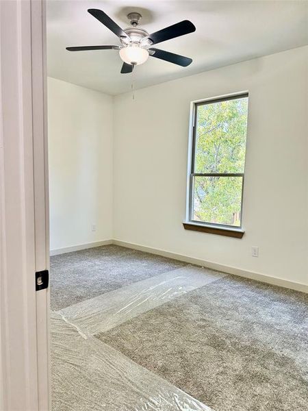 Empty room featuring carpet flooring and ceiling fan