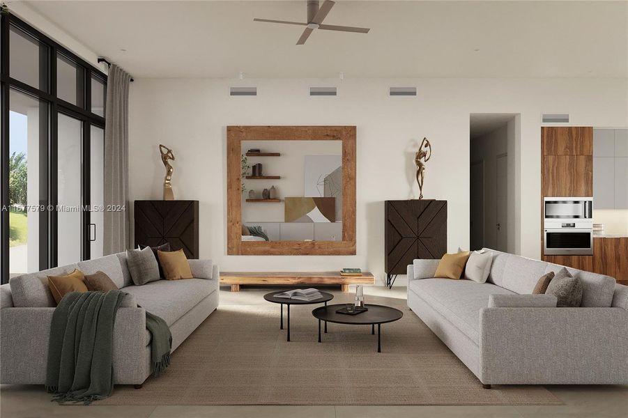 This image showcases a different angle of the living room.The rendering highlights impressive details and stylish elements, all crafted by designer Tetiana Denysenko.