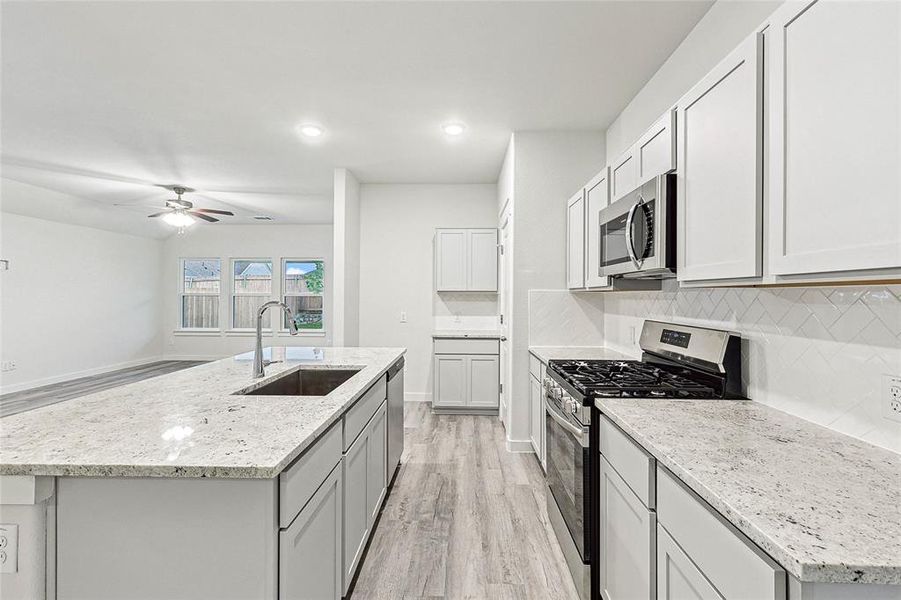 Kitchen featuring ceiling fan, stainless steel appliances, sink, light hardwood / wood-style flooring, and backsplash