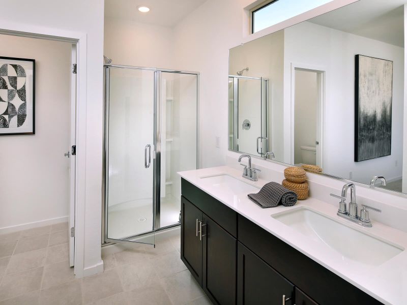 Walk-in shower and dual sinks in the primary bathroom