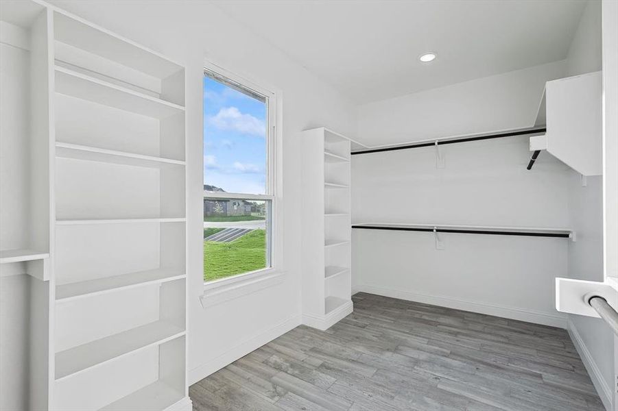 Spacious closet featuring light hardwood / wood-style floors