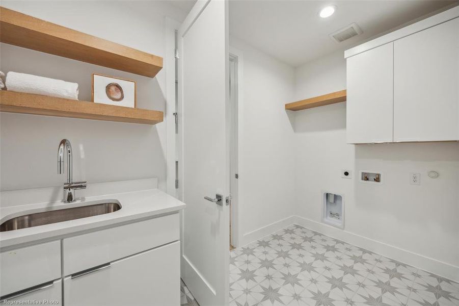 Laundry room with sink and room for full-size washer and dryer on 1st level