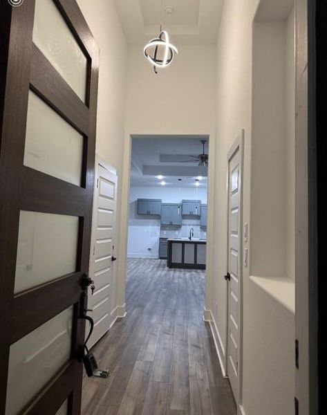 Hall featuring a towering ceiling, sink, a tray ceiling, a chandelier, and dark hardwood / wood-style floors