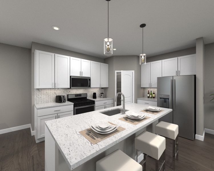 Ample counterspace, a large kitchen island, and walk-in pantry make meal prep a breeze.