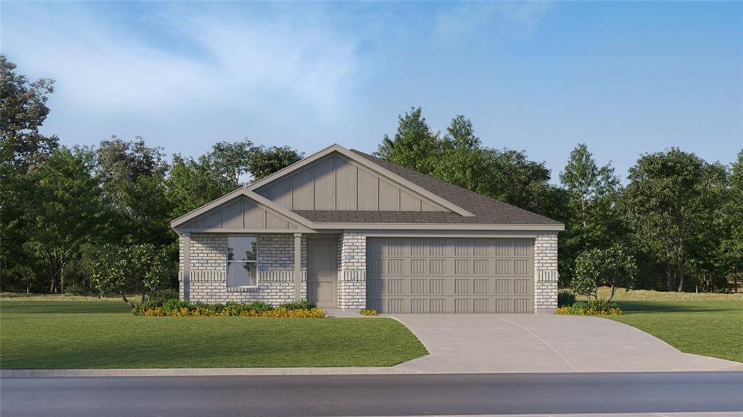 View of front of property featuring a front lawn and a garage