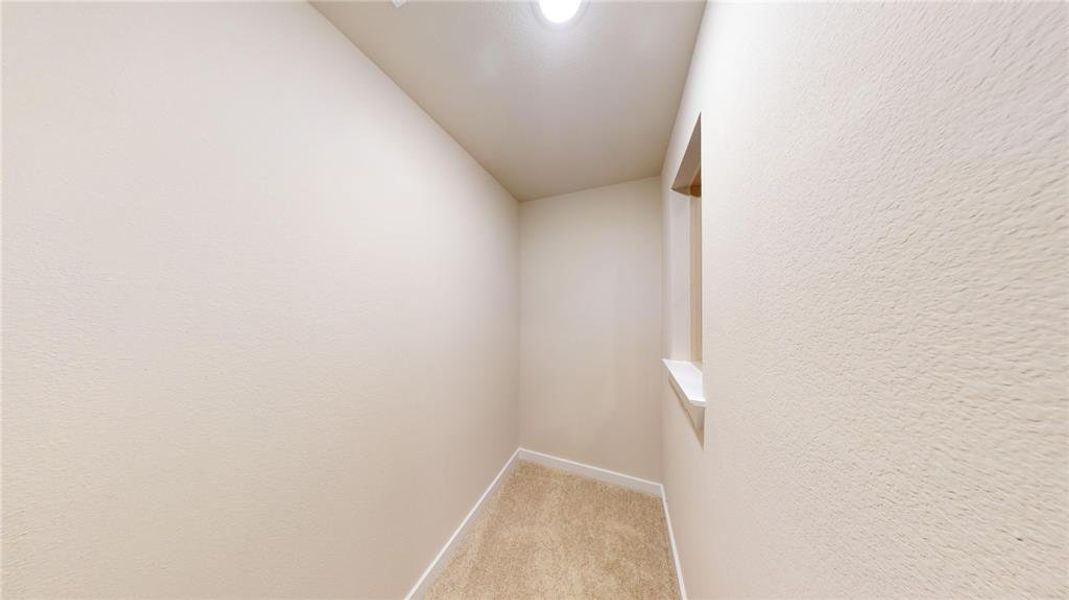 Spacious closet with vaulted ceiling and light colored carpet