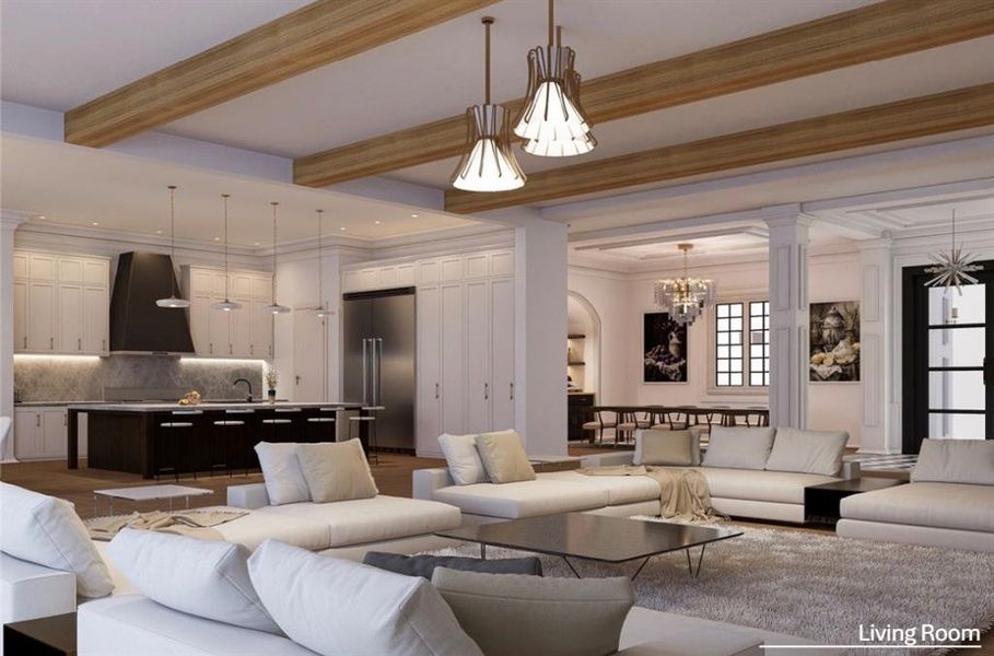 Living room with decorative columns, beamed ceiling, a notable chandelier, sink, and ornamental molding