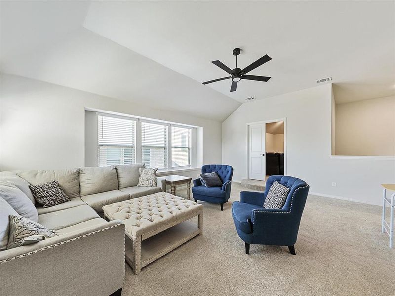 Living room featuring ceiling fan, carpet, and vaulted ceiling