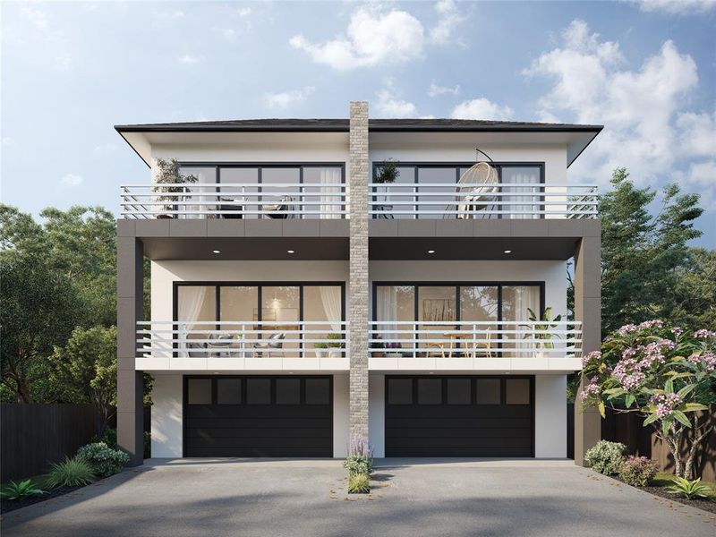 Modern home featuring a garage and a balcony