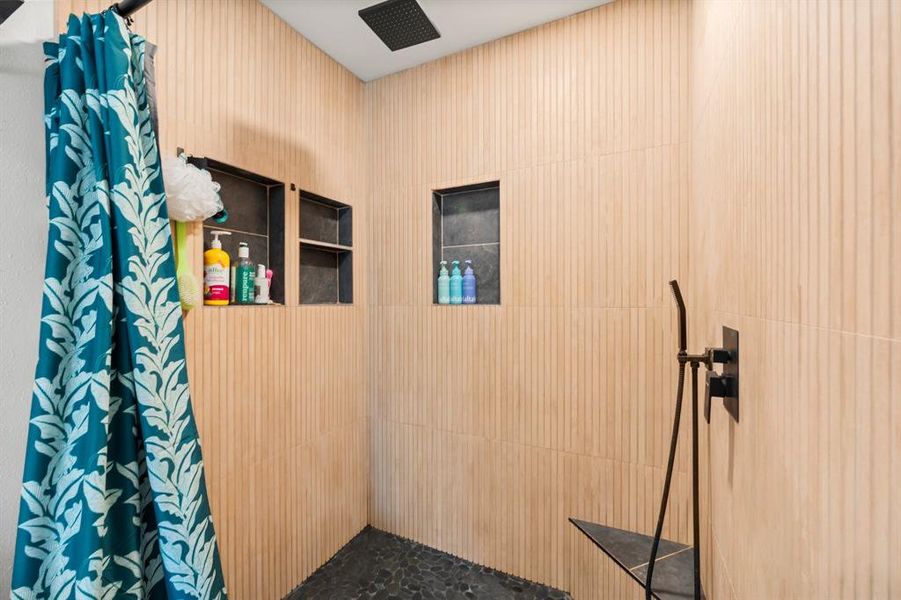 Primary Bathroom with modern faux wood ceramic tile, love it!