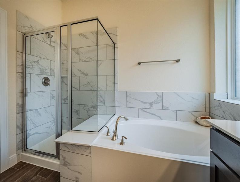 primary bath, has your oversized soaking tub, a glass walk in shower and a very large closet