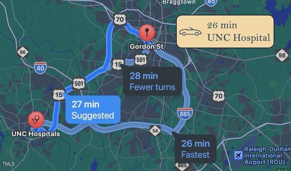 10 - 26 minute drive to UNC Hospital