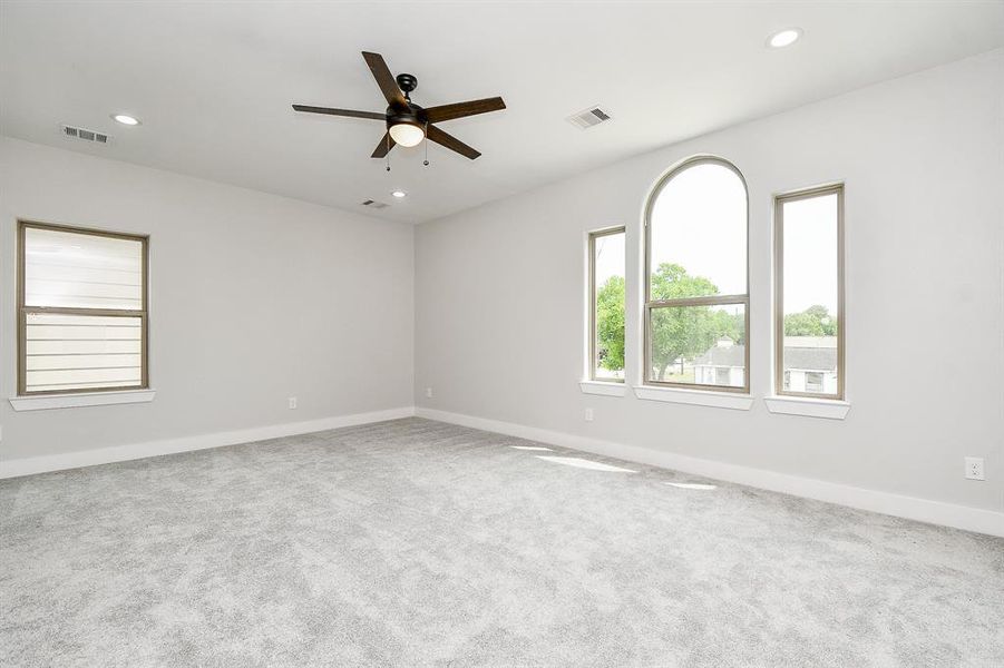 Spacious, well-lit  large Master ensuite room with neutral walls and carpet flooring, featuring a modern ceiling fan and a blend of traditional and arched windows providing ample natural light.