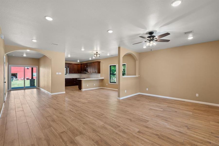 Open floor plan from the living room to dining and kitchen