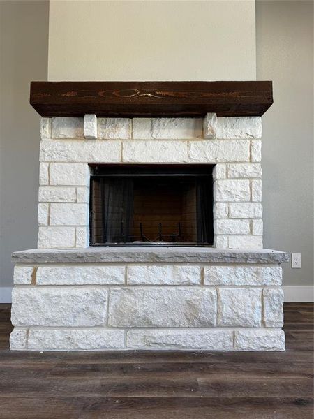 Details with hardwood / wood-style flooring and a fireplace