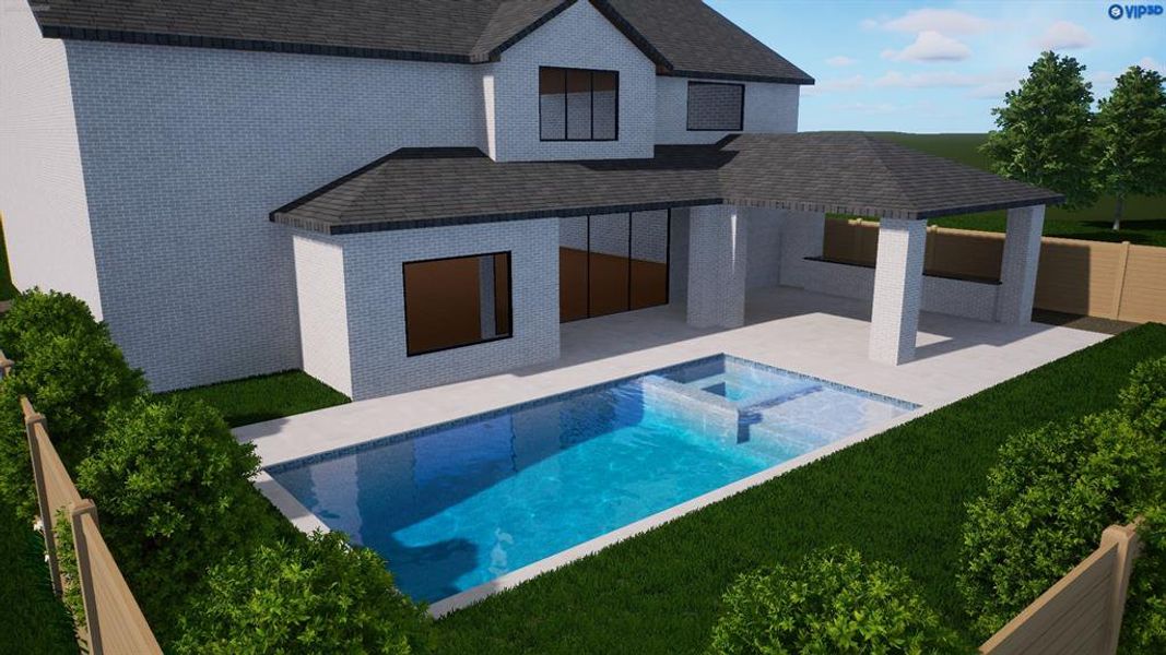 Pool rendering. Lanai / summer kitchen perfectly arranged for pool. This design leaves plenty of room for landscaping and room for your furry four legged family members. Creat you own oasis.
