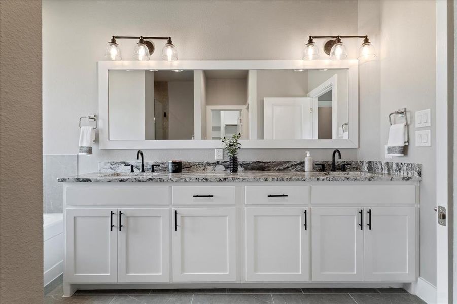 Bathroom featuring tile patterned flooring and vanity