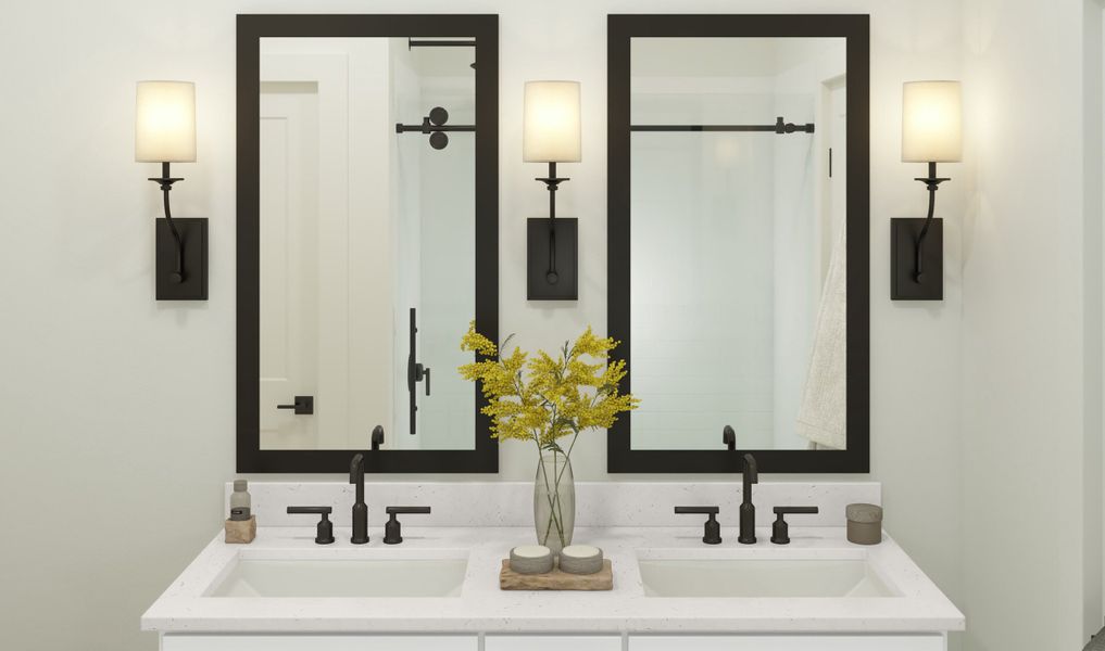 primary bath with matte black finishes