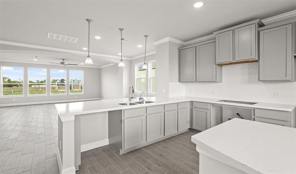 Kitchen overlooks dining room