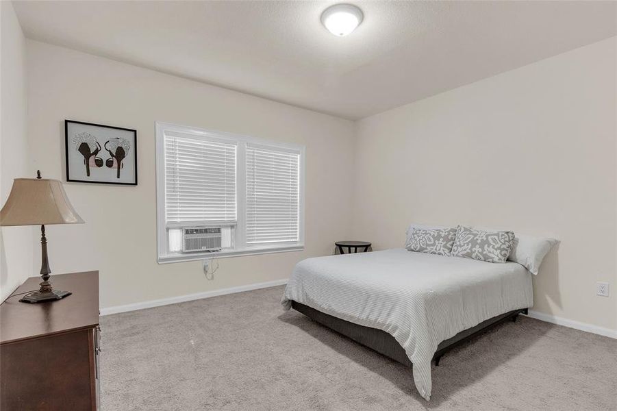 This is a cozy, well-lit bedroom featuring a large window with blinds, neutral wall colors, plush carpeting, and a ceiling light.