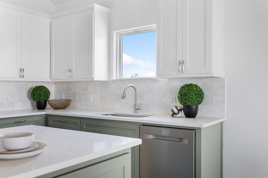 Kitchen featuring stainless steel dishwasher, sink, white cabinets, and decorative backsplash