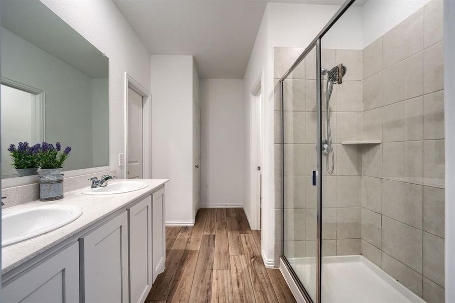 Bathroom with hardwood / wood-style flooring, a shower with shower door, and vanity