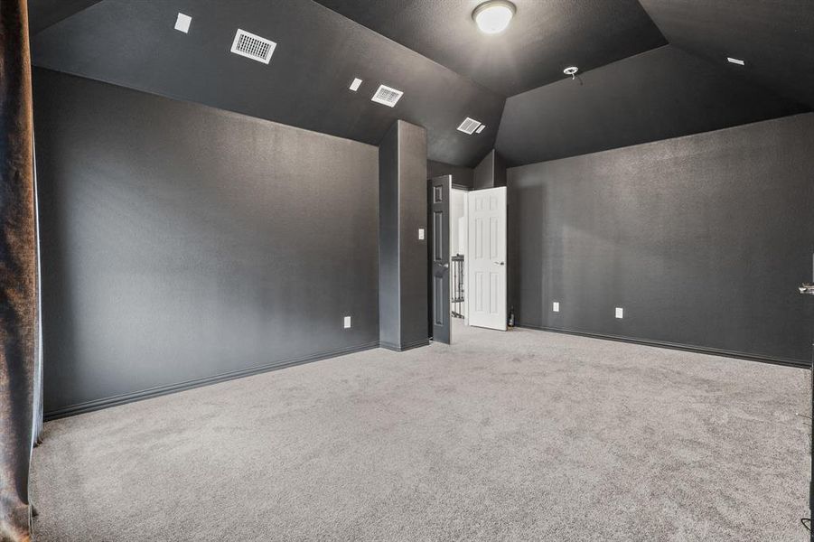 Cinema room featuring carpet and vaulted ceiling