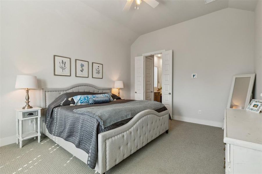 Primary bedroom down with lofted ceiling, ceiling fan, and  textured carpet floor.