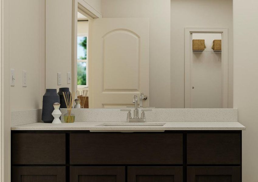 Rendering of the owner's bathroom
  featuring a wood vanity and glass door shower.