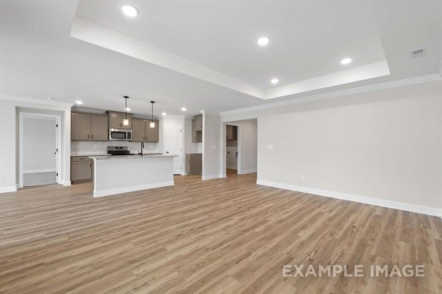 Unfurnished living room with sink, a raised ceiling, crown molding, and light hardwood / wood-style flooring