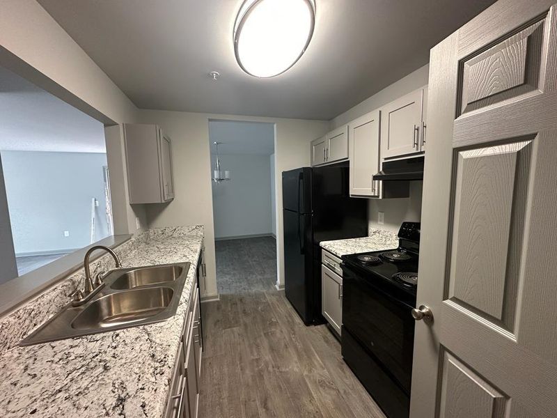 Kitchen with light stone counters, black appliances, hardwood / wood-style floors, and sink