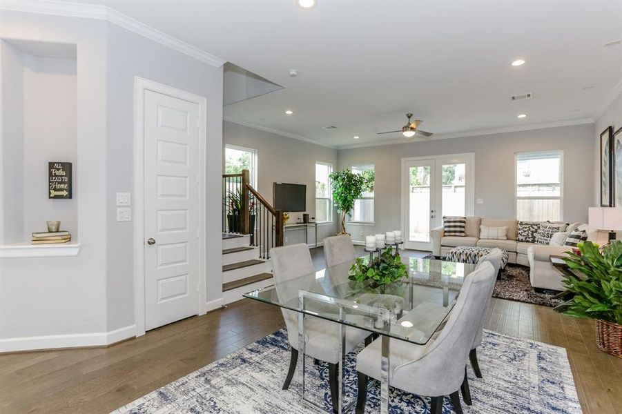 The ROCbrook's dining room was designed to be both elegant and versatile, allowing for various furniture layouts to suit the homeowner's lifestyle. Rooms are virtually staged and the floor plan shown is from a similar home in another community. Actual layouts and furnishings may vary. Please visit the property for accurate details.