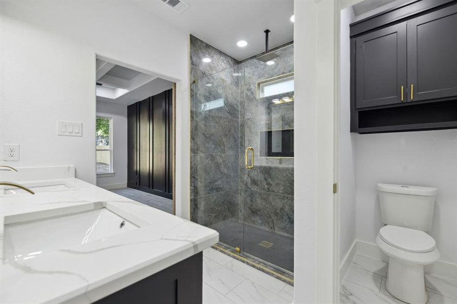 Bathroom with vanity, toilet, walk in shower, and plenty of natural light