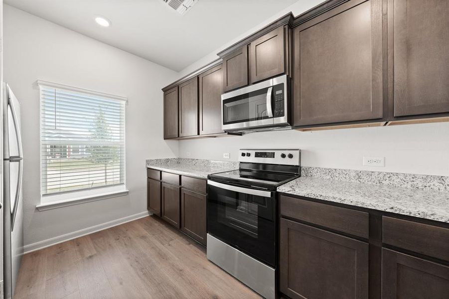 Kitchen featuring dark cabinetry, light wood-type flooring, and stainless steel appliances