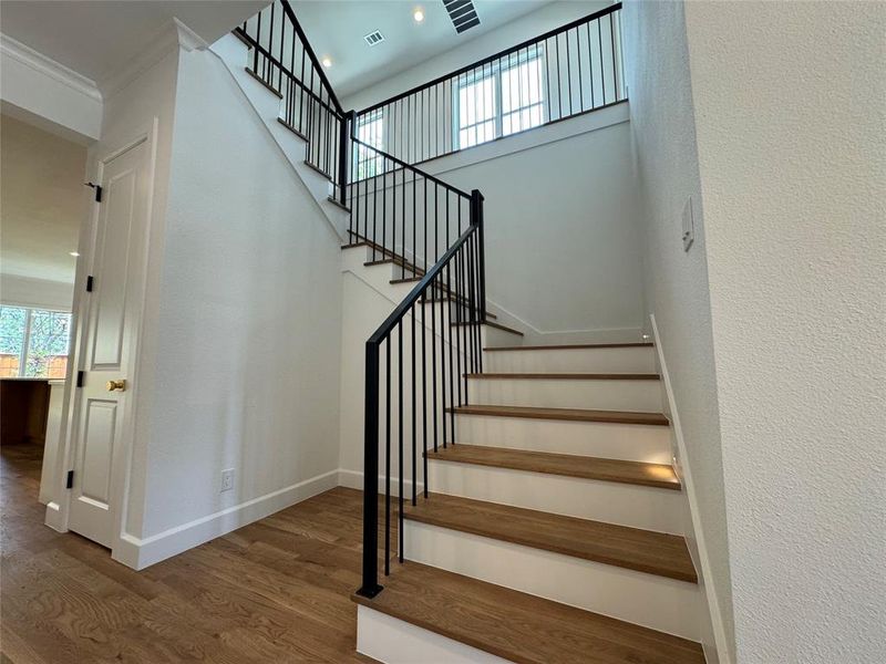 Staircase featuring ornamental molding and hardwood / wood-style flooring