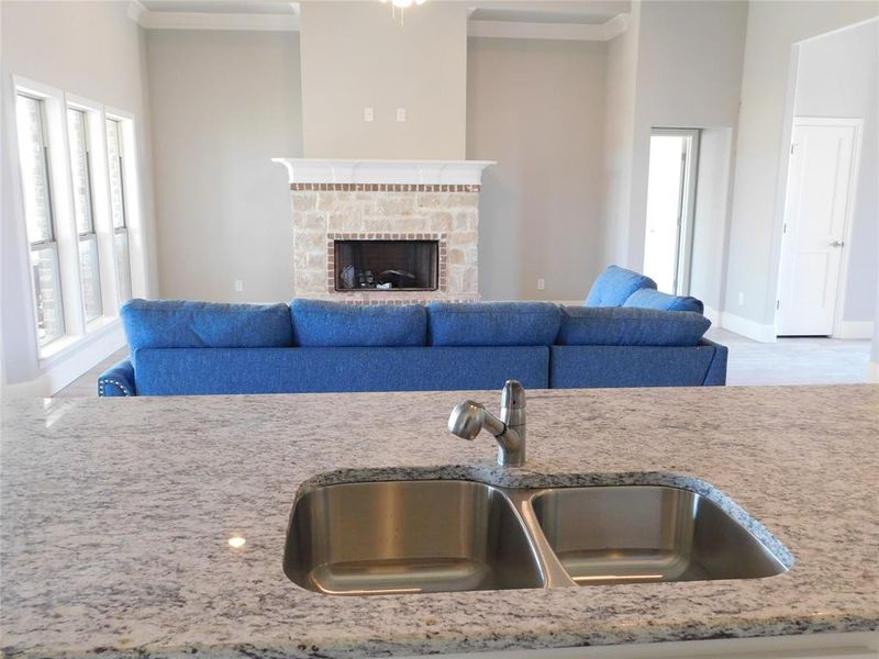 Kitchen featuring a fireplace, crown molding, and sink