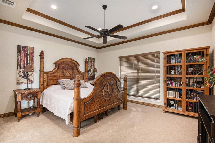 Carpeted bedroom with ornamental molding, ceiling fan, and a raised ceiling