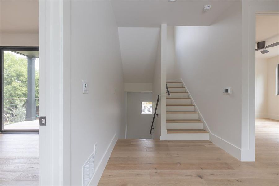 Upstairs landing area, beautiful European White Oak Engineered hardwood floors with Aluminum Oxide finish.