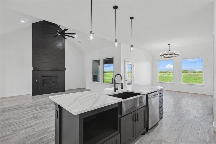 Kitchen with pendant lighting, light hardwood / wood-style flooring, a center island with sink, a fireplace, and stainless steel dishwasher