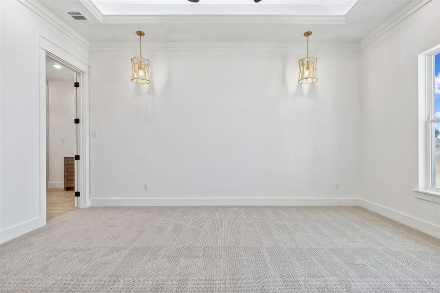 Carpeted empty room featuring crown molding, plenty of natural light, and a tray ceiling