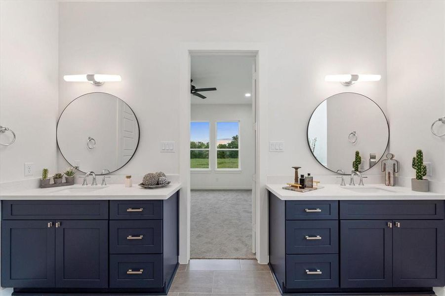 Deluxe Primary Bath, Soaking tub, separate shower with glass door, private enclosed toilet room. His and hers vanities with matching midnight blue soft close cabinets- same as kitchen.