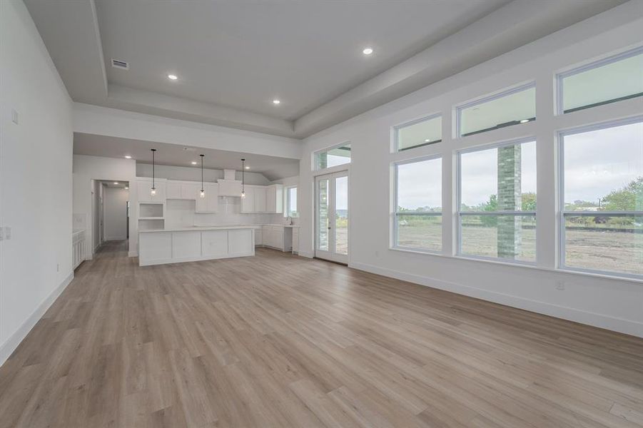 Unfurnished living room featuring light wood-type flooring and a raised ceiling