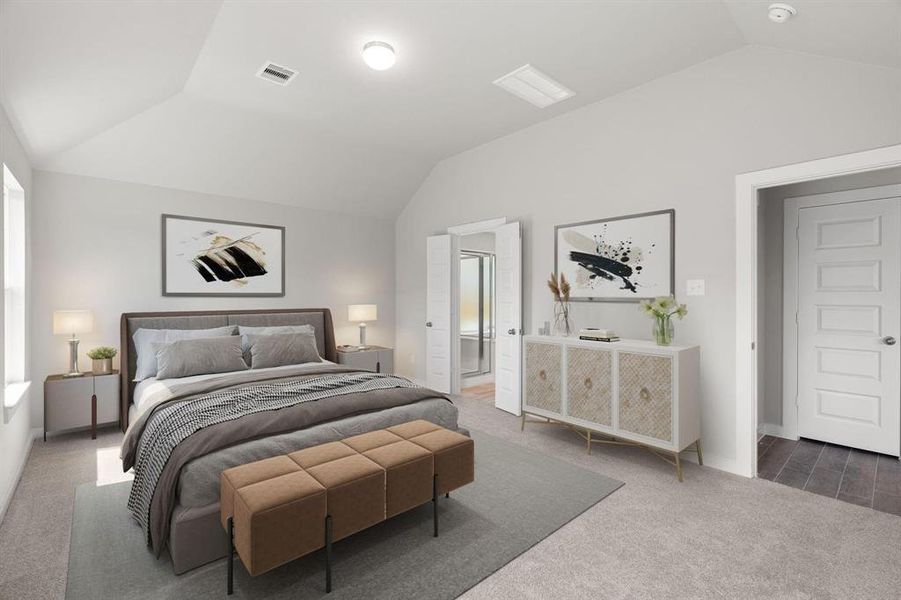 Unwind in style in this remarkable primary suite after a long day! Revel in the luxury of plush carpet, warm paint tones, soaring ceilings, and expansive windows. Virtual staged.