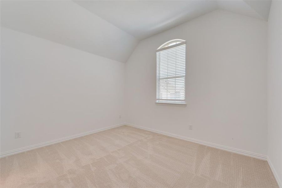 Bonus room with light carpet and vaulted ceiling