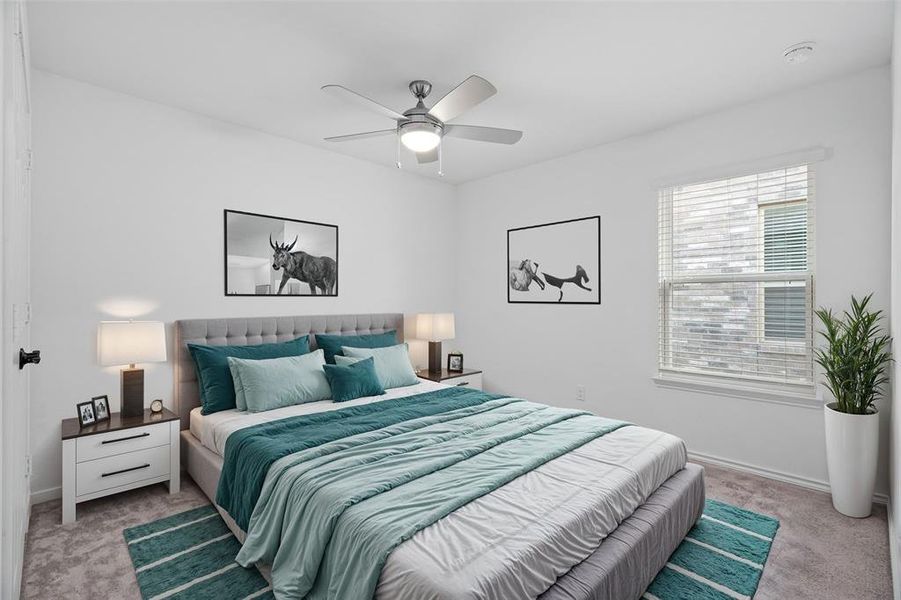 Virtually Staged Carpeted bedroom with ceiling fan