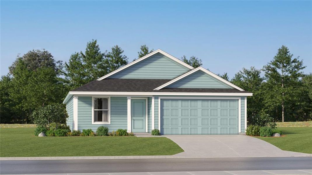 View of front of house featuring a garage and a front yard