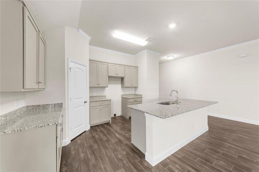 Kitchen featuring ornamental molding, an island with sink, dark hardwood / wood-style floors, and sink