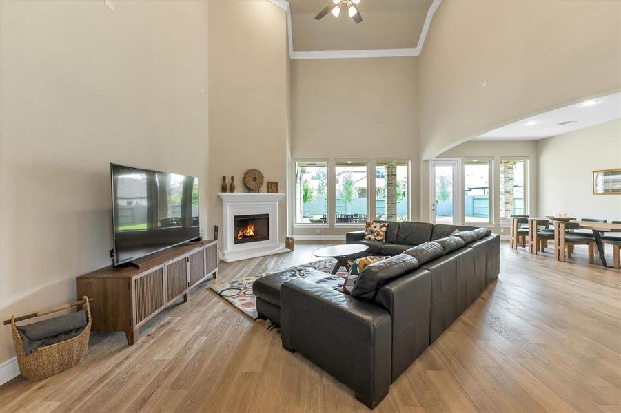Living room has plenty of natural lighting and a fireplace