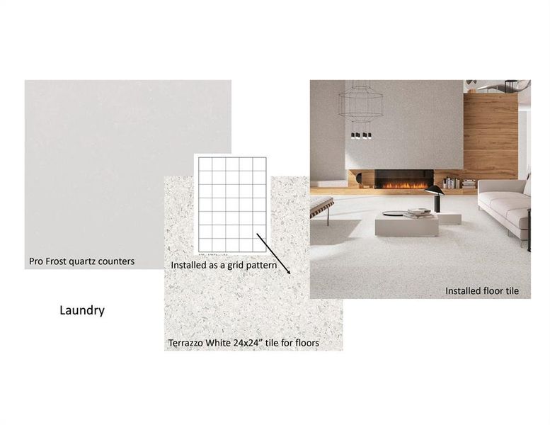 Selections for laundry room. Terrazzo white tile flooring, quartz counters. PER BUILDER.