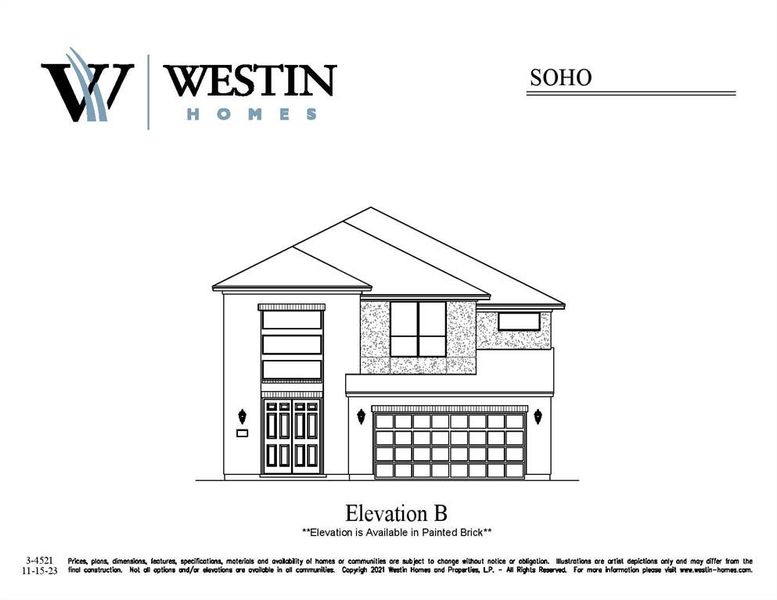 Westin Homes NEW Construction (Soho, Elevation B) CURRENTLY BEING BUILT. Two story corner lot. 4 bedrooms. 3.5 baths. Spacious island kitchen open to Informal Dining and Family Room. Primary suite with large double walk-in closets. Three additional bedrooms and game room and media room upstairs. Covered patio with 3-car tandem garage.